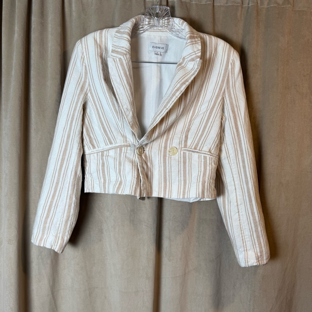 Evereve Women's Striped Cream Blazer linen blend crop blazer